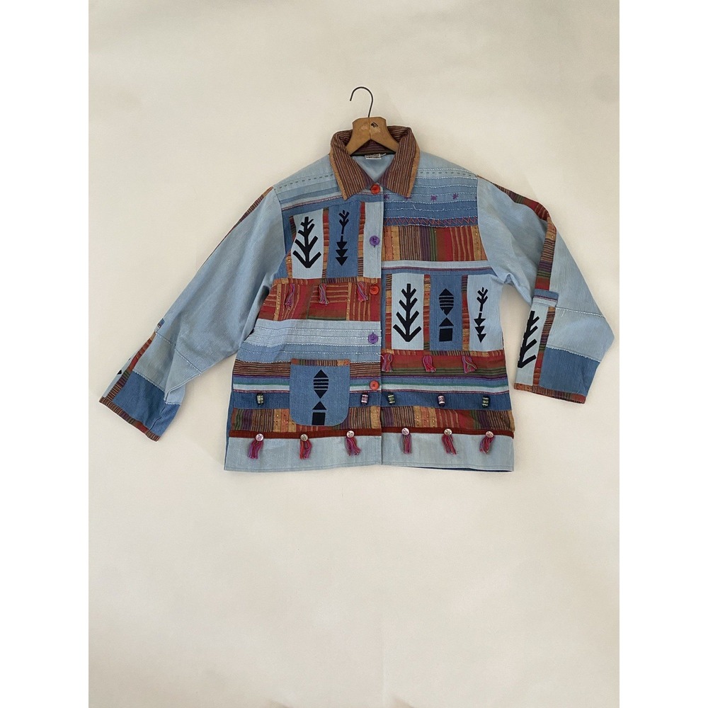 Parsley & Sage Casual Denim Jacket Patchwork Colorful XL Cottagecore Boho Artsy